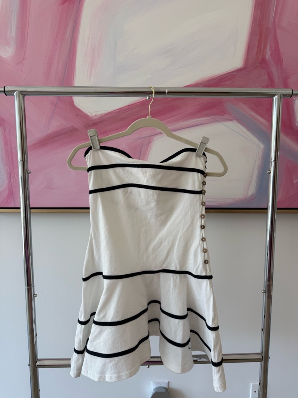 Free-est White Strapless Mini Dress with Black Stripes, size xs